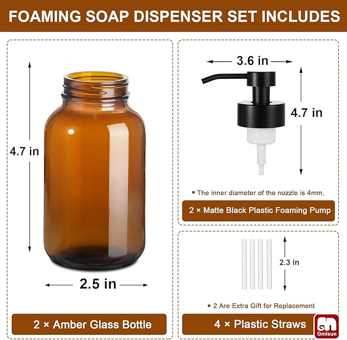 GMISUN Foaming Soap Dispenser, 8.5 fl oz / 250ml Amber Glass Foam Soap Dispenser - Image 7