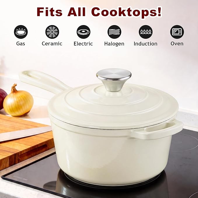 2 Pcs Enameled Sauce Pan with Lid, Leonyo 1 Qt & 2 Qt Cast Iron Saucepan Set - Image 6