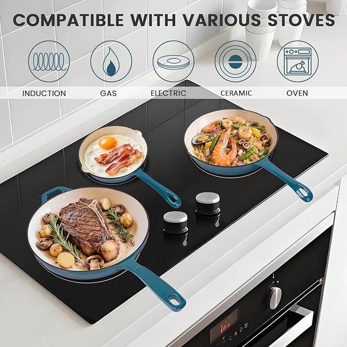 Hisencn Enameled Cast Iron Frying Pan Set, 3 Piece Set of Skillets, PFAS & PTFE - Image 5