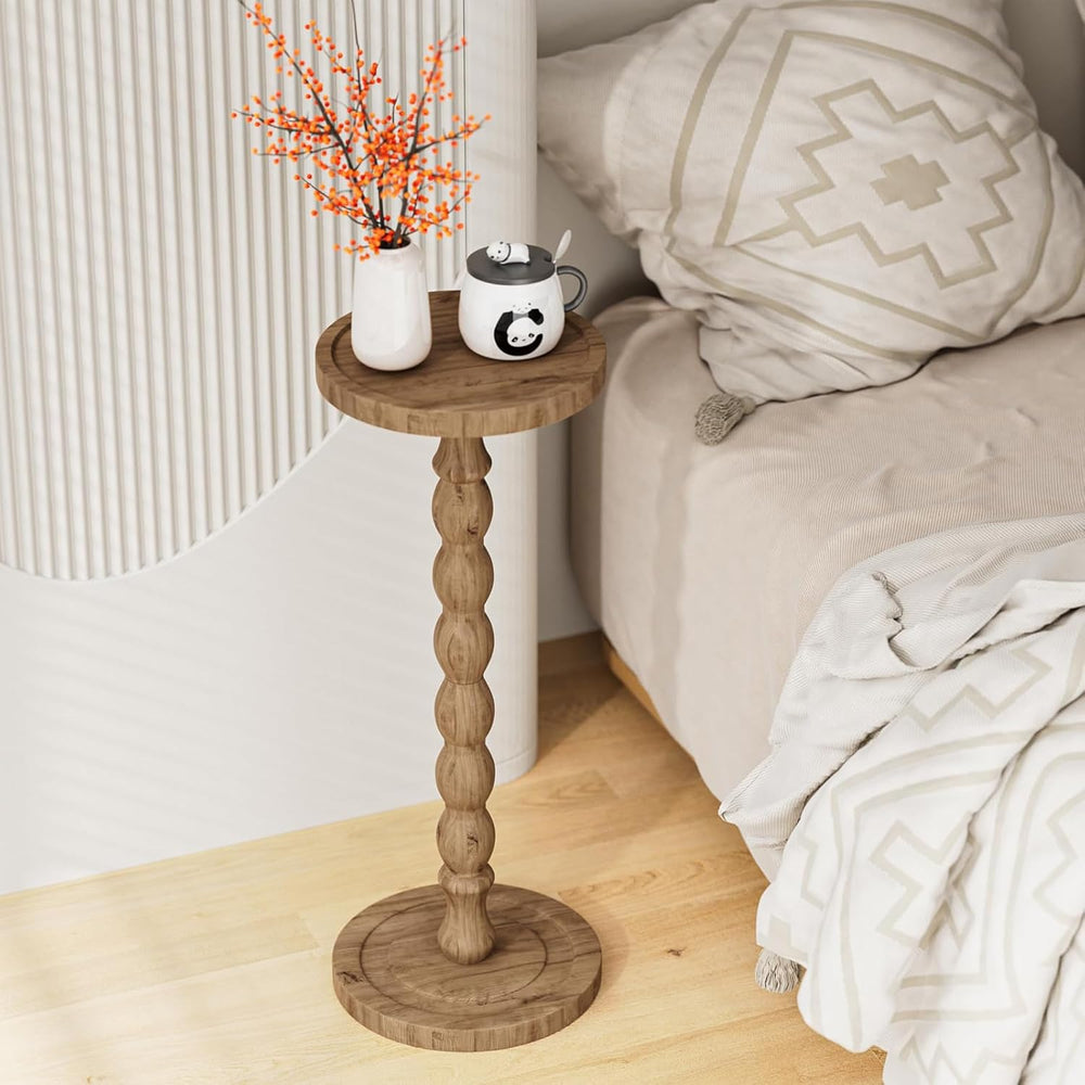 Small Side Table, Rubberwood‌ Drink Table for Small Spaces, Solid Wood Pedest...