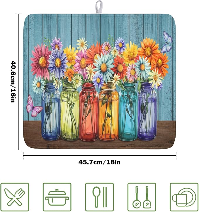 Vintage Floral Dish Drying Mat for Kitchen Counter Rustic Flower Vases Wooden - Image 2