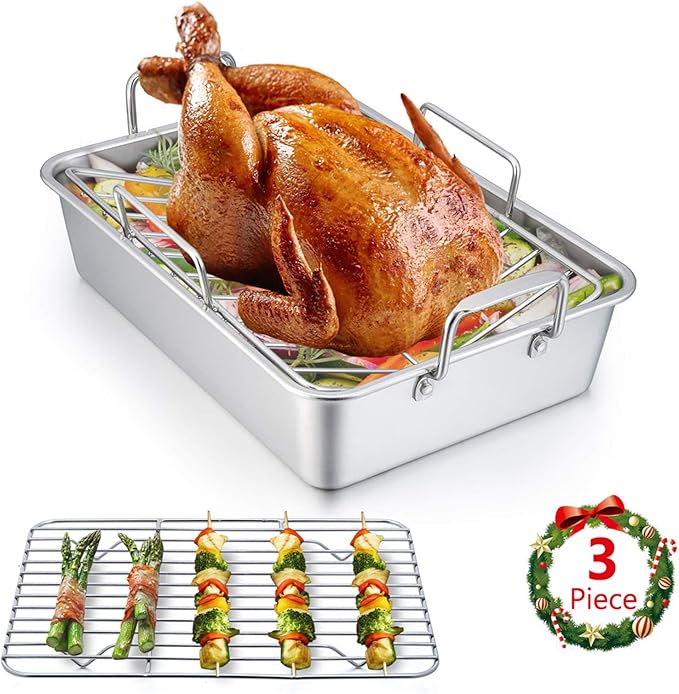E-far 14 x 10.6 Inch Roasting Pan, Stainless Steel Turkey Roaster by E-far