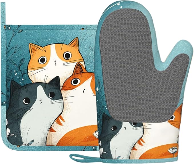 Cute Cartoon Cat Oven Mitts and Pot Holders Sets Funny Cat Silicone Heat by Unknown