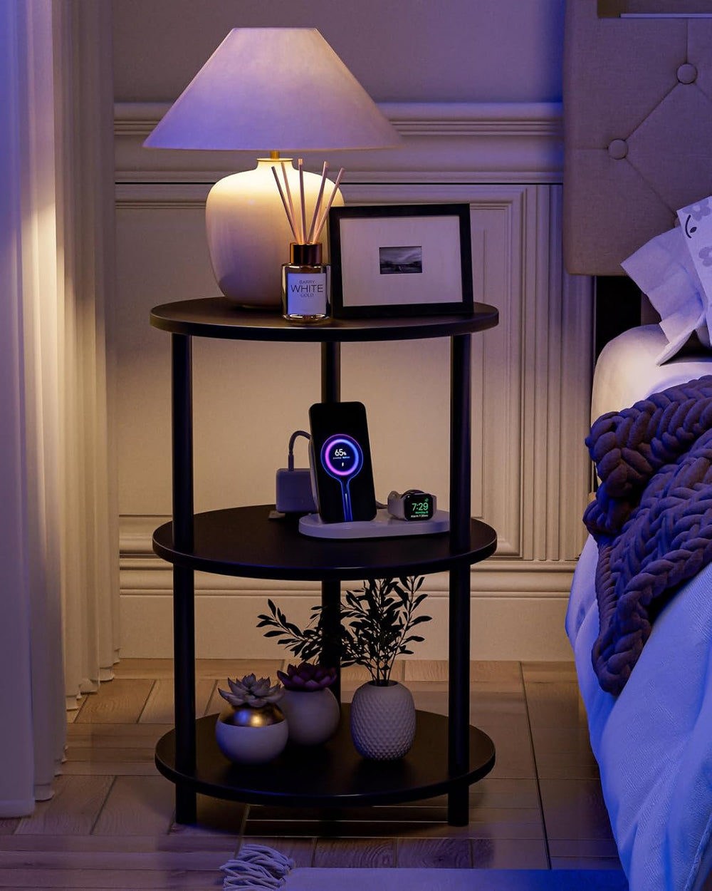 XBurmo Small Round End Table - 3 Tier Design Accent Table, Narrow Side or Bed...