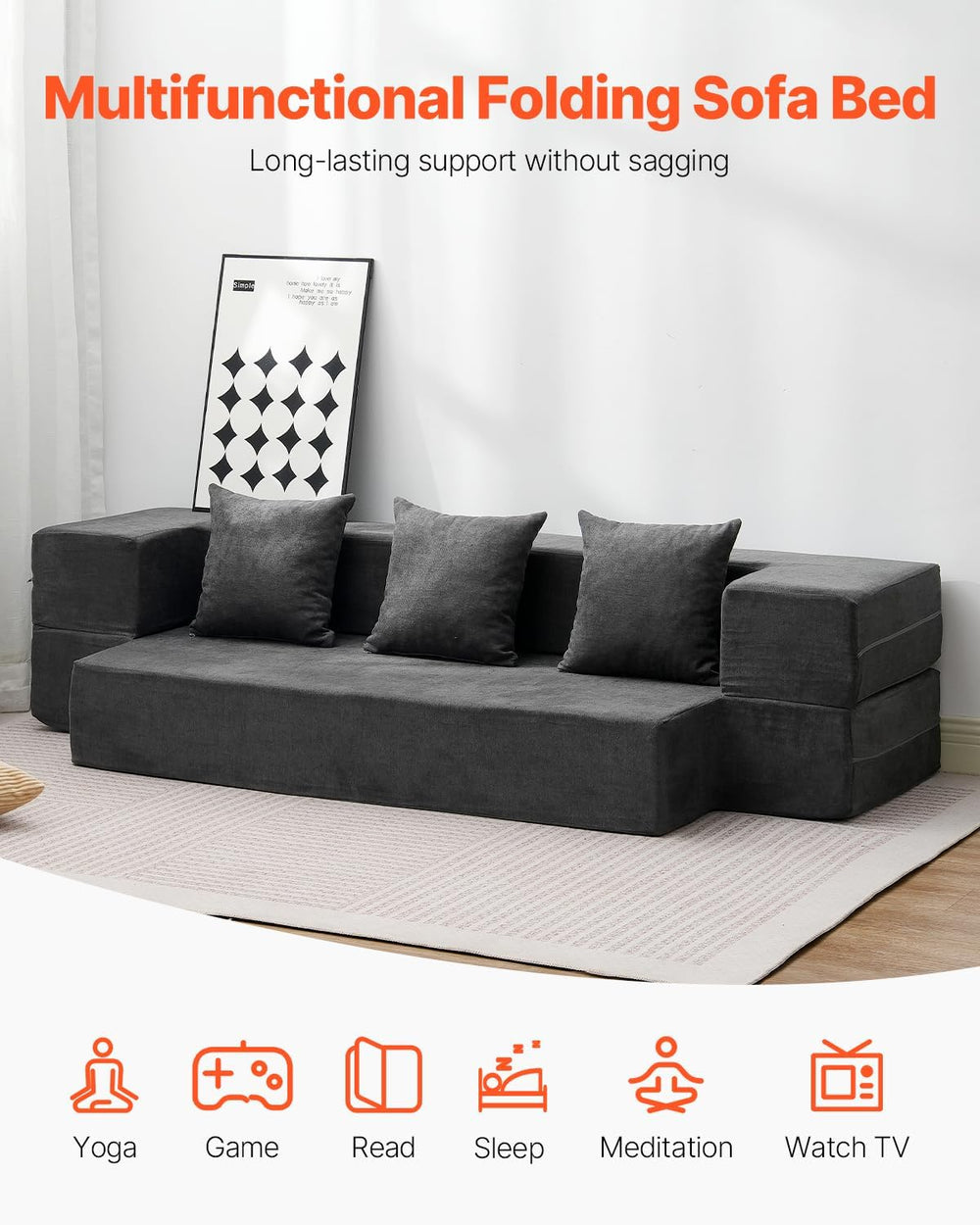 VEVOR Folding Sofa Bed, 3-in-1 Foldable Couch Bed with 3 Pillows and Washable...