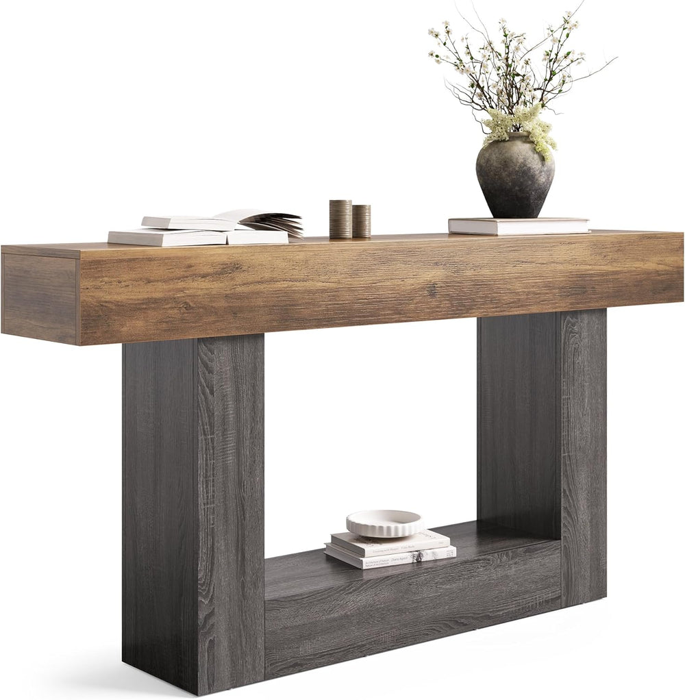 LITTLE TREE 63 Inches Long Console Table, 2-Tier Farmhouse Sofa Table Behind ...