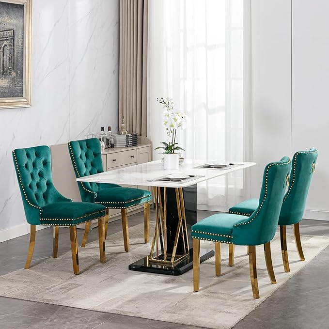 Luxury Upholstered Dining Chairs Set of 2, Green Kitchen Chair with Golden Me...