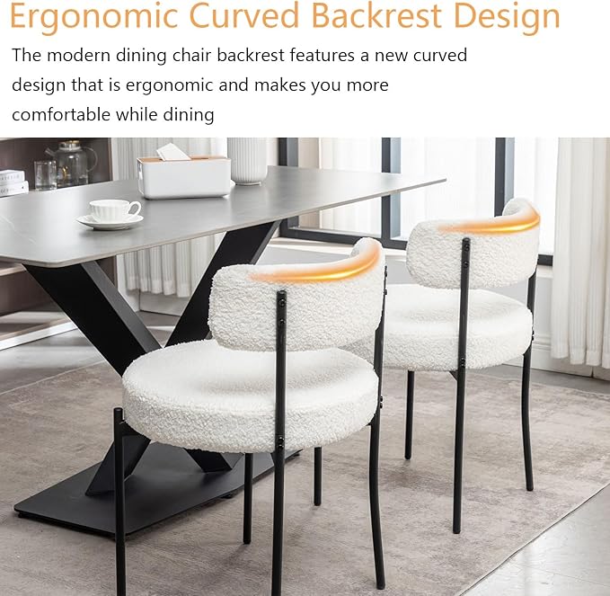 White Boucle Dining Chairs Set of 6, Upholstered Dining Room Chairs with Blac...