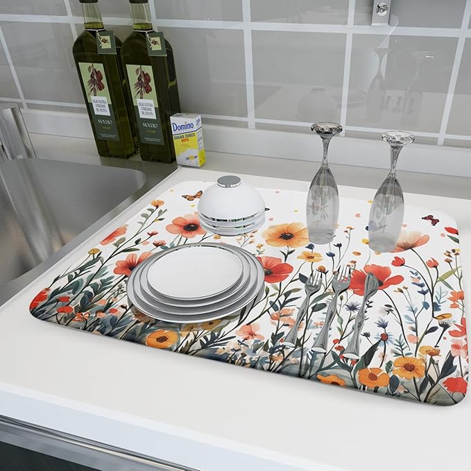Poppy Flower Dish Drying Mat 18x24 Inch Floral Leaves Dish Drainer Protector - Image 6