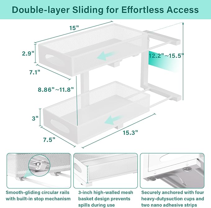 Under Sink Organizer, 1 Pack 2 Tier Metal Slide Out Pull Out Cabinet Organizer - Image 2