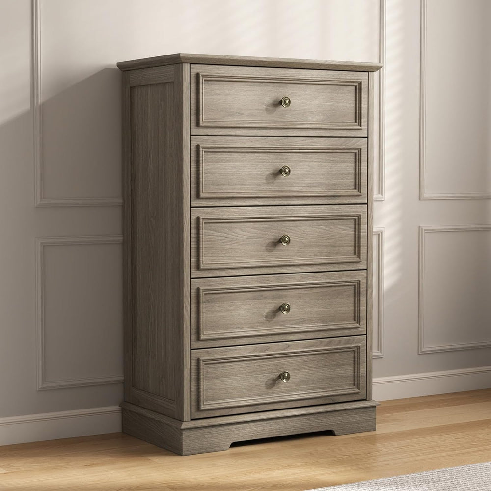 Gray Dresser for Bedroom, 44" Tall 5 Drawer Dresser, Wooden Chest of Dra...
