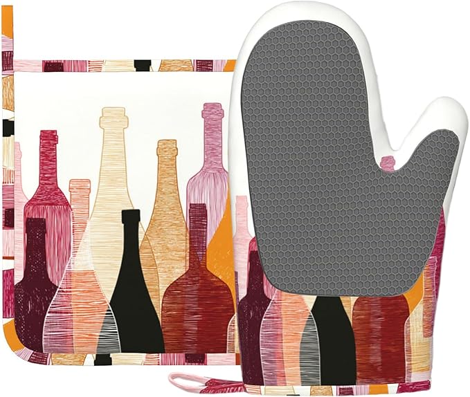 Red Wine Bottle Oven Mitts and Pot Holders Sets Non-Slip Silicone Surface by Unknown