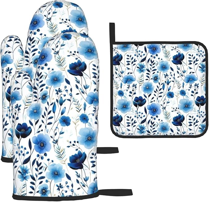 Blue Floral Oven Mitts and Pot Holders Sets of 3, Heat Resistant Cute by Unknown