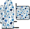 Blue Floral Oven Mitts and Pot Holders Sets of 3, Heat Resistant Cute by Unknown