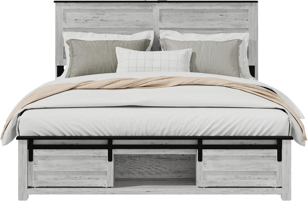 Wooden Full Bed Frame with Headboard, Farmhouse Storage, Barn Door