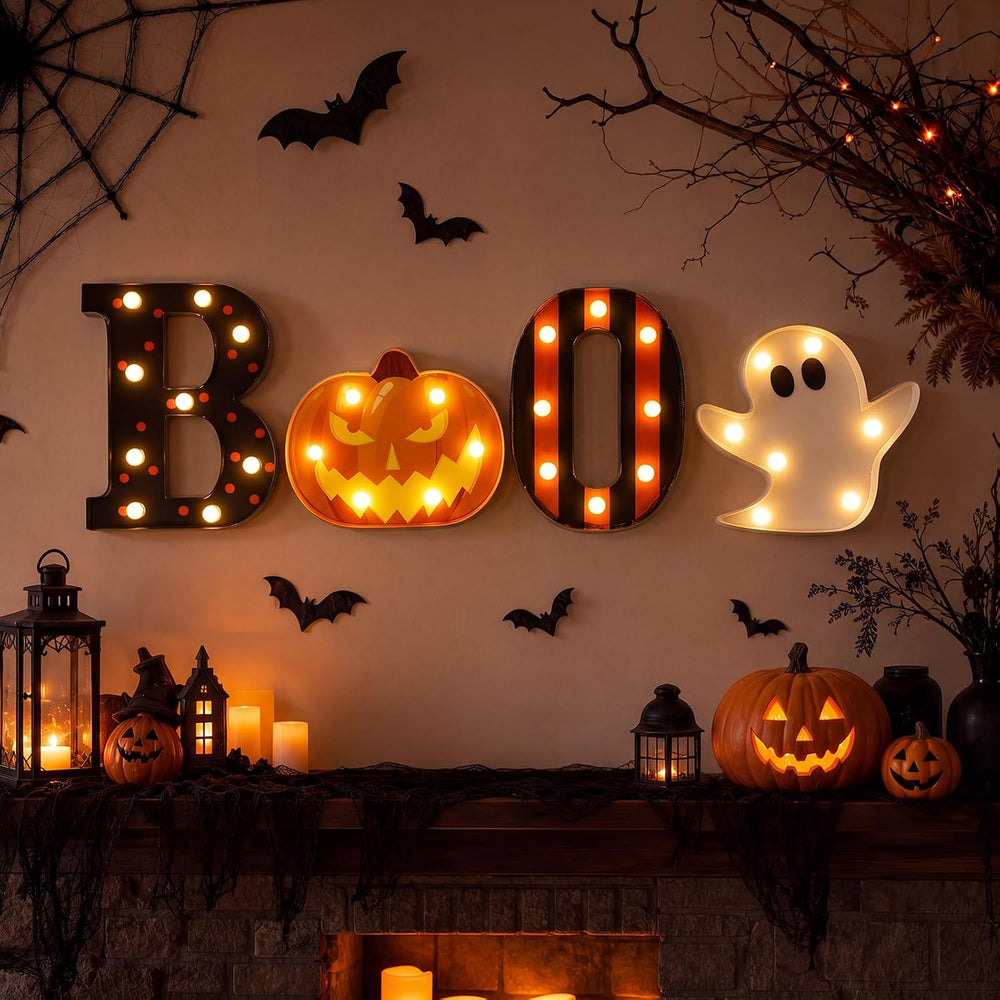 Ganeen Plastic Halloween Decoration LED Pumpkin Ghost Boo Light up Sign