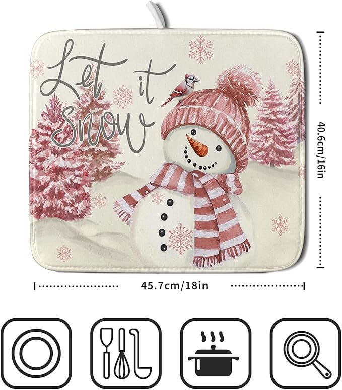 Giwawa Pink Snowman Dish Drying Mat Xmas Trees Bird Winter Snowy Scene Dish - Image 2