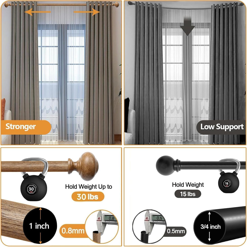 1 Pack Boho Rustic Adjustable Wood Curtain Rod 32-88 Inch, Wood