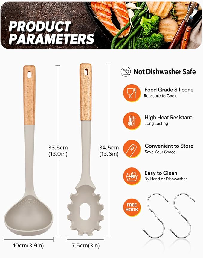 Pasta Fork and Ladle Set, and Sauce Pasta, BPA-Free Matte Silicone, Wood Handle - Image 2