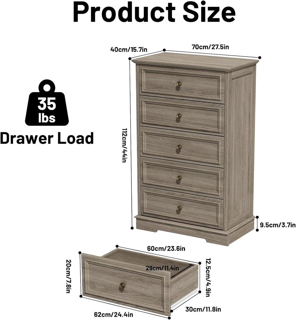 Gray Dresser for Bedroom, 44" Tall 5 Drawer Dresser, Wooden Chest of Dra...