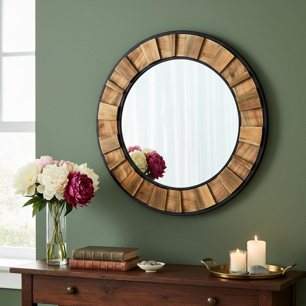 ZIYOO Round Wood Mirror 30", Metal & Wooden Frame Decorative Wall Mi...