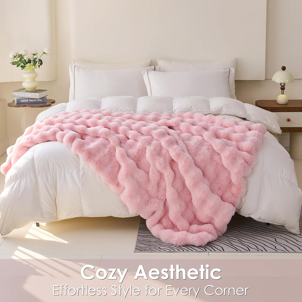 Comelady Faux Rabbit Fur Throw Blanket for Couch, Soft Plush Bubble Blanket