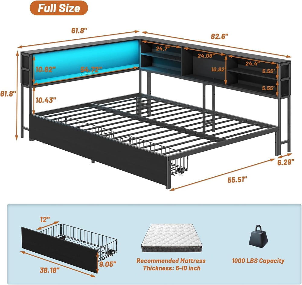 Full Size Corner Bed Frame with 2 Storage Drawers Black | Metal Platform Bed ...
