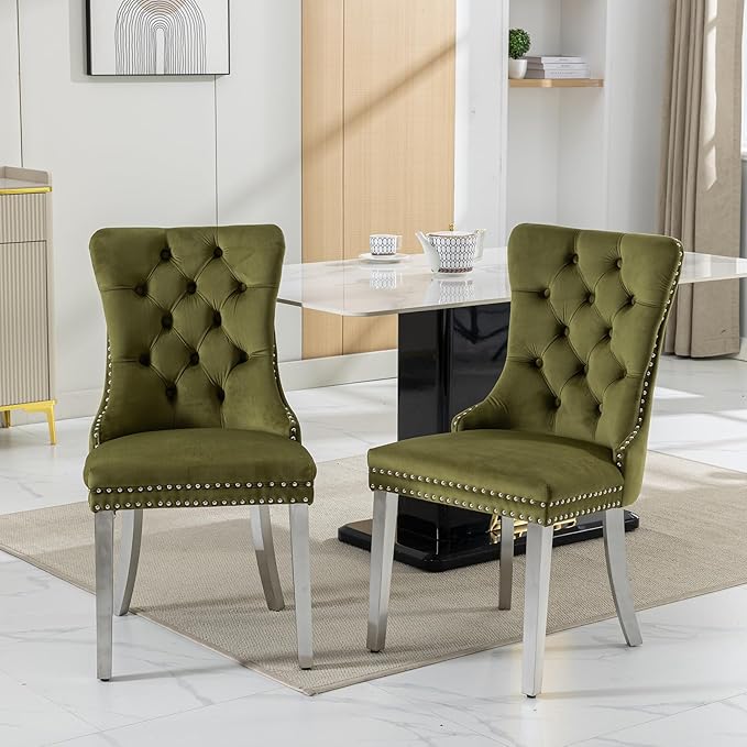 Mid Century Modern Dining Chairs Set of 4, Olive Velvet Upholstered Tufted Ba...