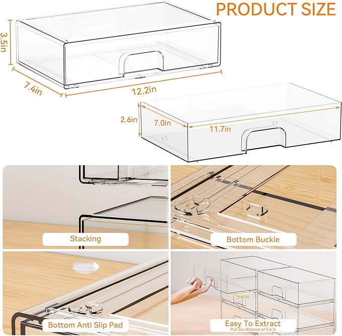 Yieach 12.1''W Clear Stackable Storage Drawers, Makeup Organizers, Plastic - Image 3