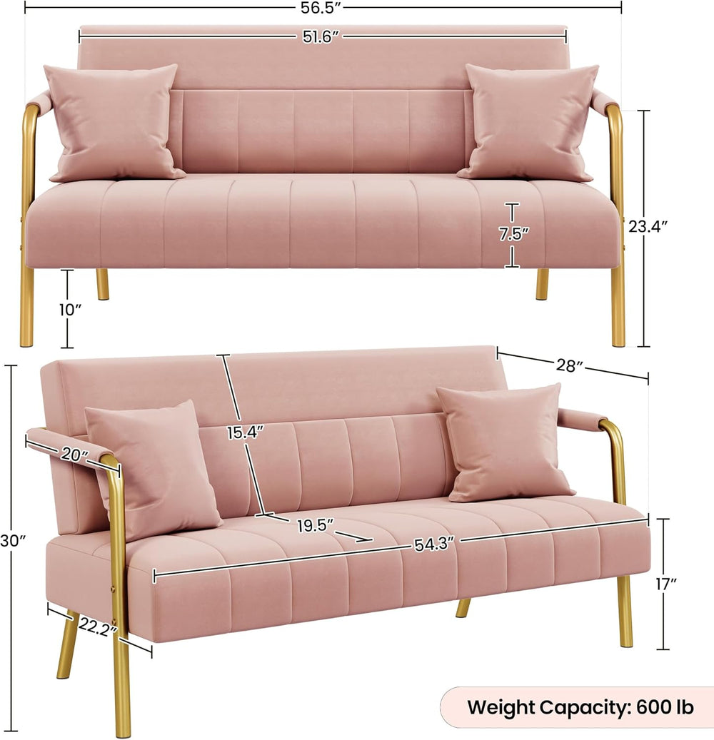 Yaheetech 56.5" Small Sofa 2 Seater Couch with Gold-Tone Legs, Pink