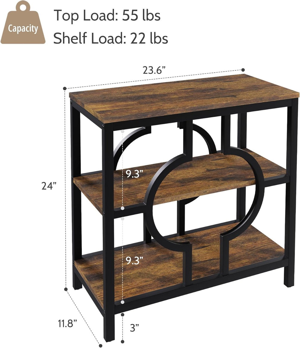 End Table, Narrow Side Table with 3-Tier Storage Shelves, Wood Sofa Side Tabl...