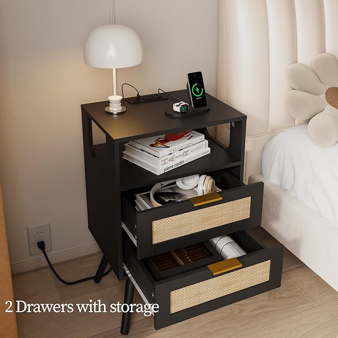 Rattan Nightstand with Charging Station,Farmhouse Bedside Table with 2 Storag...