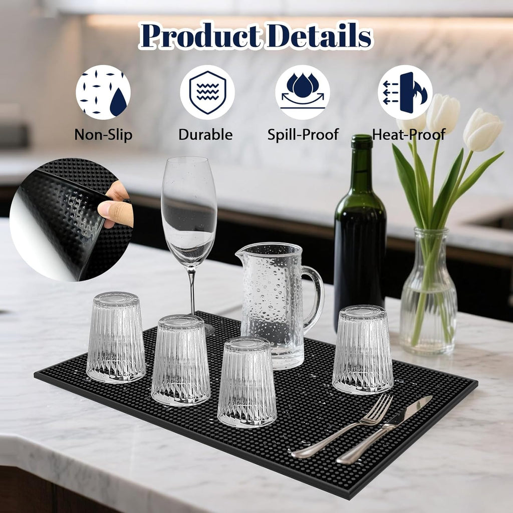 4 Pack Rubber Bar Mats for Countertop 18x12 Inch Black Silicone Bar Coffee Mat for Bartending Dish Drying Matt Home Bars Counter Cocktail Non Spill Mat for Bartender Bar Service Table Top Accessories