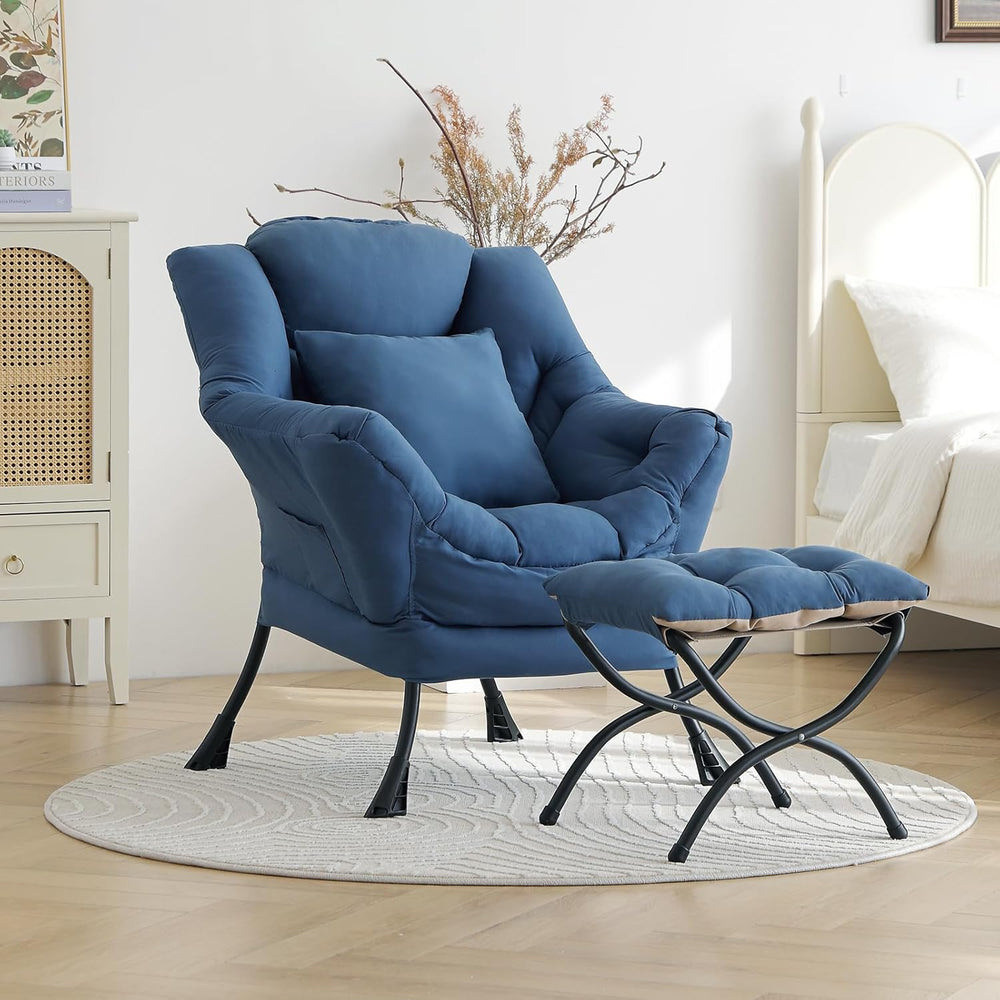 Lazy Chair with Ottoman, Comfy Reading Chair for Bedroom, Blue