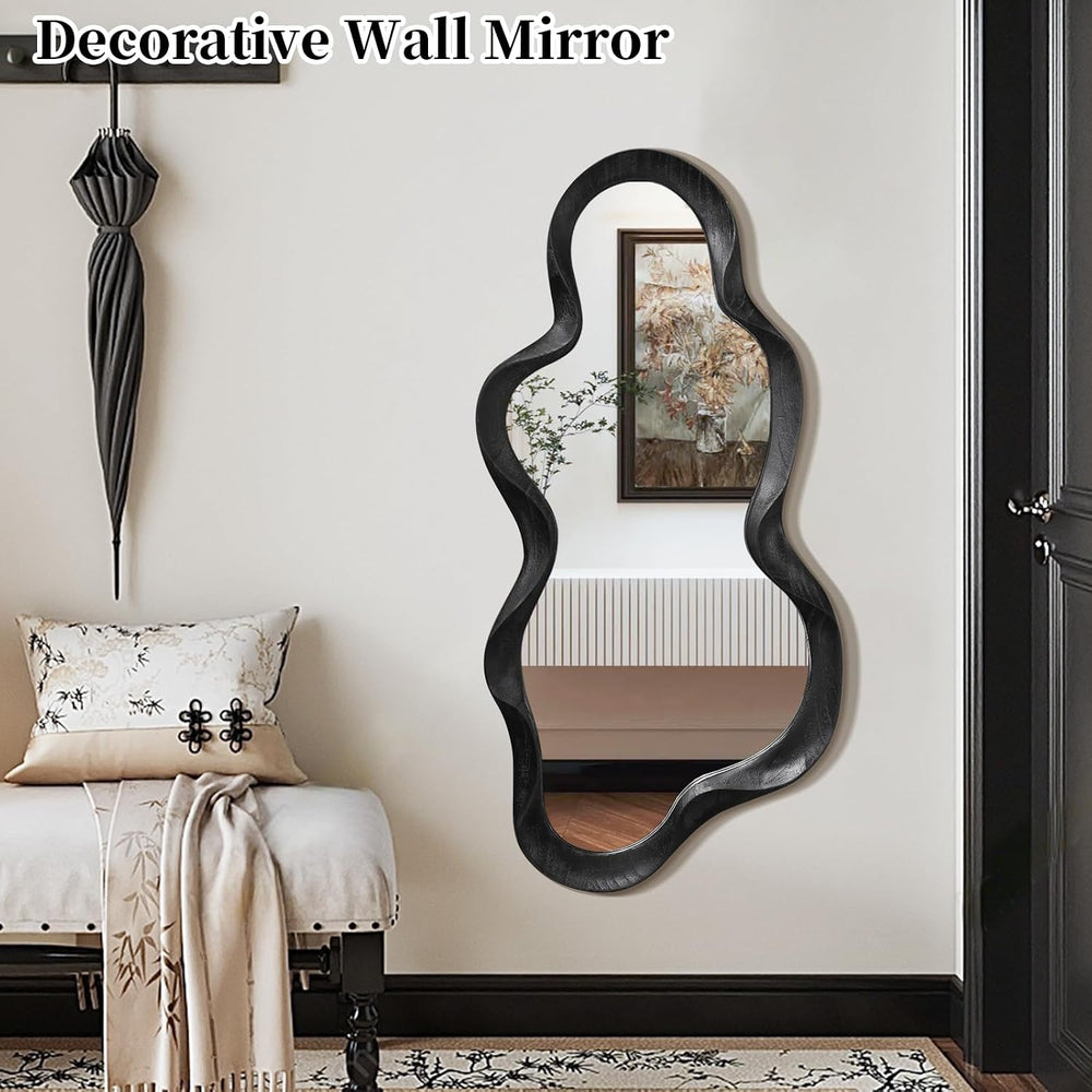 Black Asymmetrical Mirror, Wall Irregular Wood Frame Wavy Wall Mirror