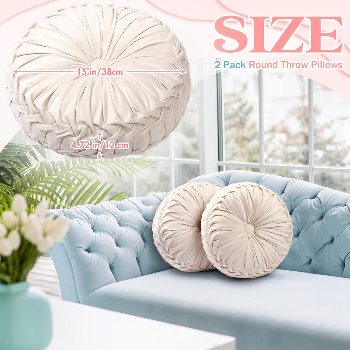 beeveer 2 pcs round throw pillows velvet pleated shown in use