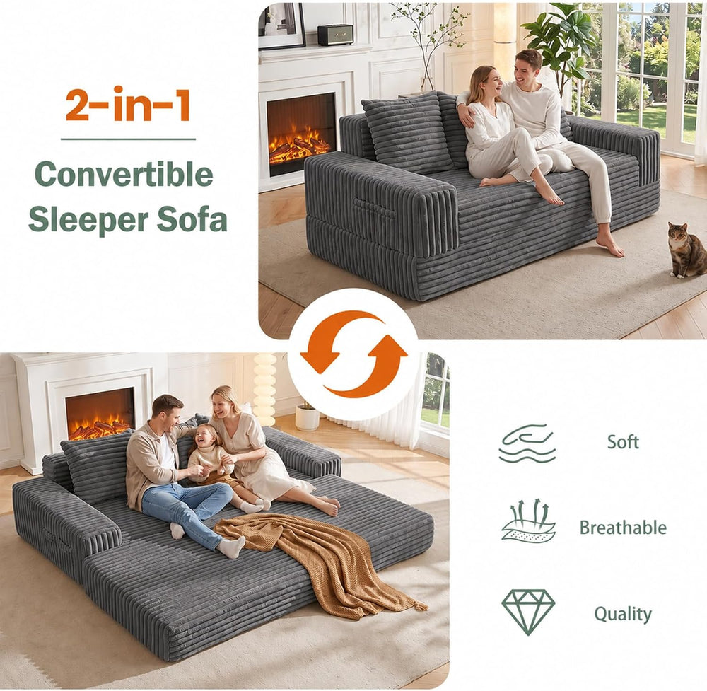 JUIKURY 70" Convertible Sofa Bed, Corduroy Boneless Couch with Pocket
