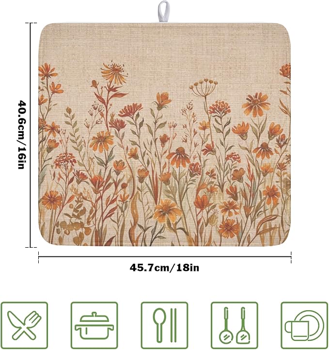 Fall Floral Dish Drying Mat for Kitchen Counter 16 x 18 Inch Autumn Sunflower - Image 2