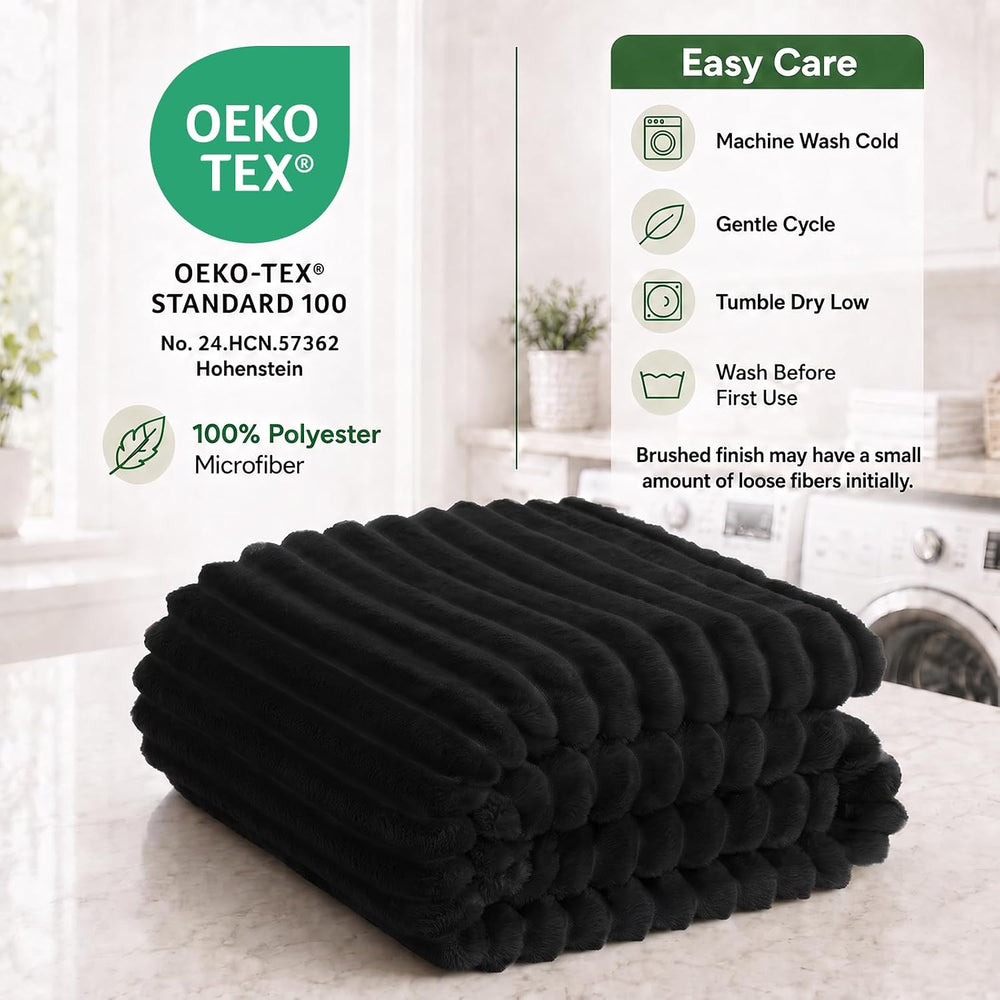 HIMEET Black King Size Blanket for Bed, 300GSM Ribbed Fleece, 108 x 90 in