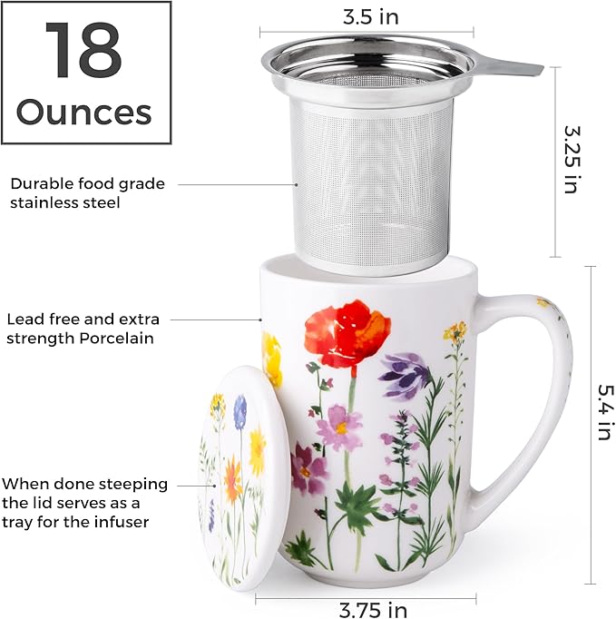 AmorArc Porcelain Tea Mug with Infuser and Lids, 18 Oz Coffee Cup Strainer with - Image 3