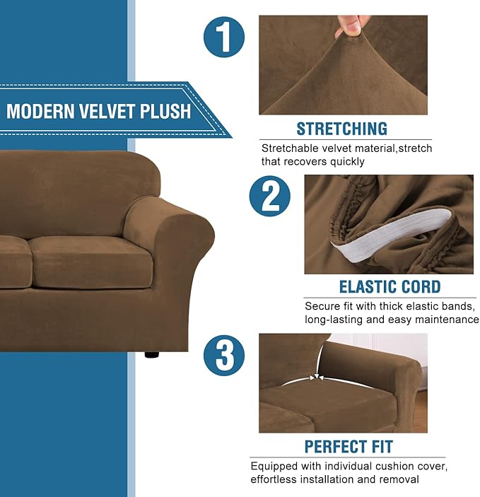 H.VERSAILTEX High Stretch Sofa Slipcover 4 Piece Cover Velvet Furniture - Image 3