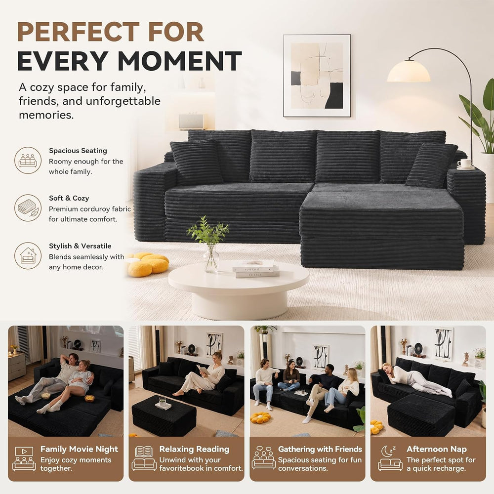 106'' Convertible Futon Sofa Bed, Boneless Couch for Living Room, Black