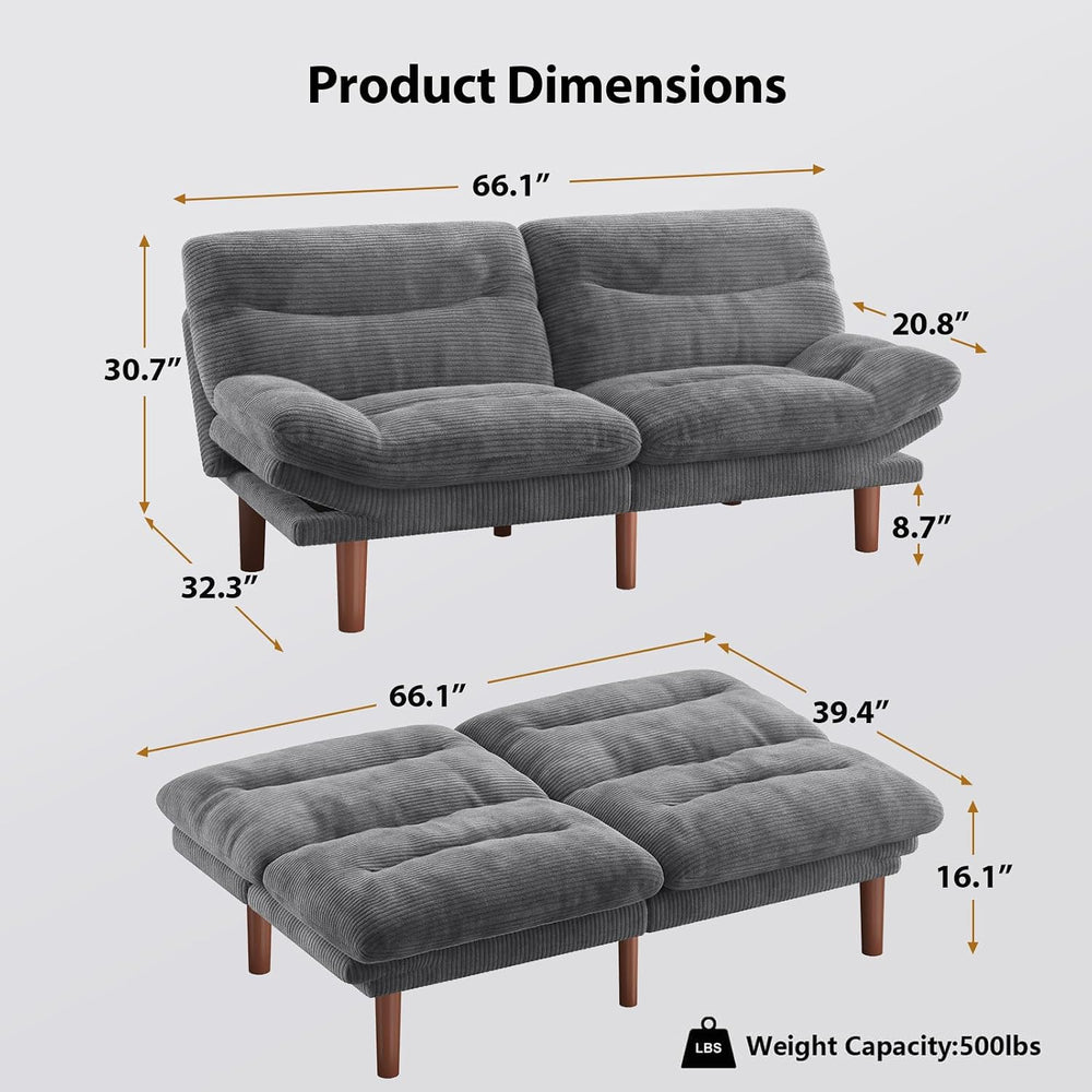 Pipishell Convertible Futon Sofa Bed, Corduroy, 66 inch, Warm Grey