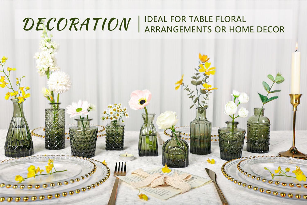 SUPMIND 12pcs Glass Bud Vase Set, Green Small Flower Vases for Centerpieces