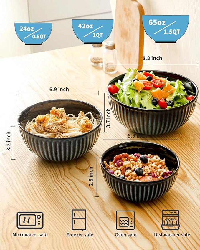 HASENSE Mixing Bowls of 3, Porcelain Ribbed Bowls 1.5/1/0.5 Qt