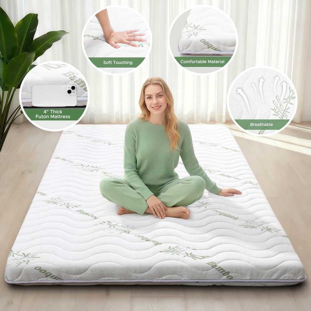 Japanese Floor Futon Mattress, 3.5" Thick Viscose Derived from Bamboo, Twin