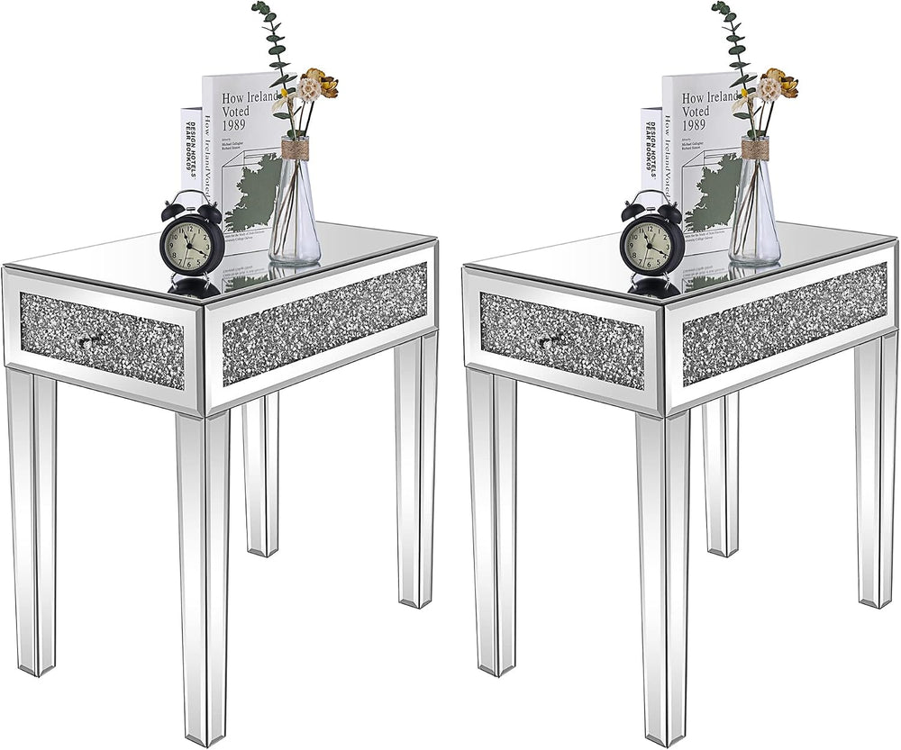 VINGLI Mirrored Nightstand Set of 2 Narrow Side Table with Drawer Glass Accen...