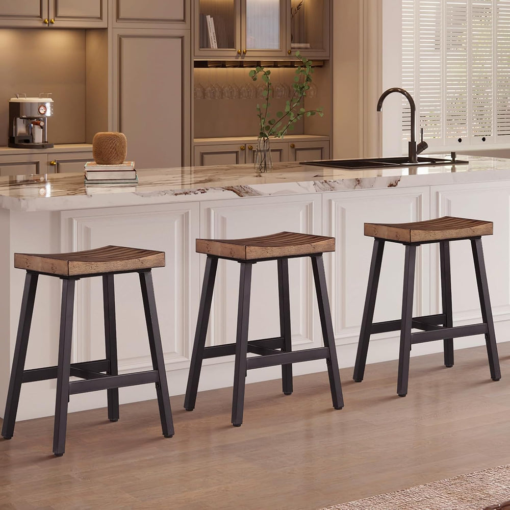 KORZEY Wood Counter Bar Stools Set of 3, Industrial Barstools with Rustic Sad...