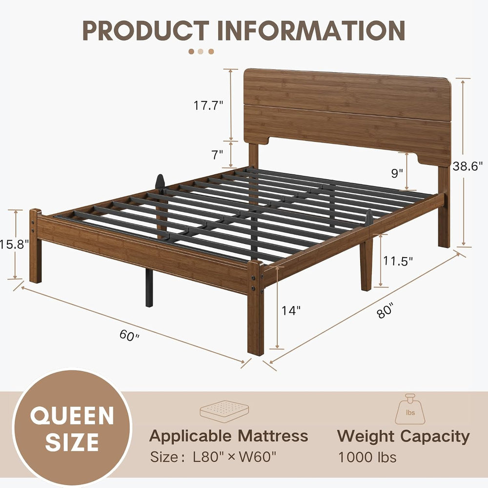 14" Solid Bamboo Wood Queen Bed Frames with Headboard, Brown