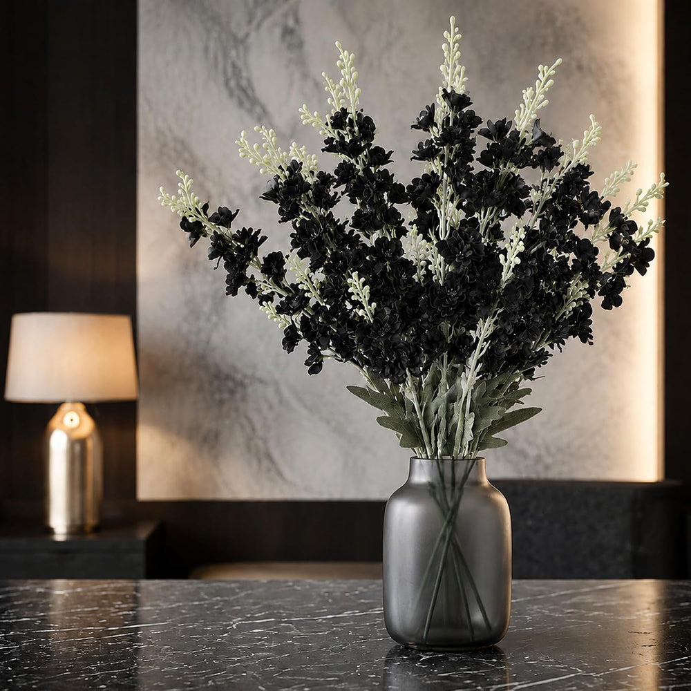 Thiccywoov 24 Pcs Halloween Black Delphinium Artificial Flower Bulk, 34.25"